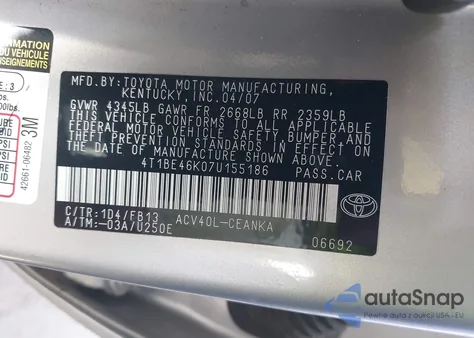 2007 Toyota Camry Le from USA, damaged, VIN 4T1BE46K07U155186